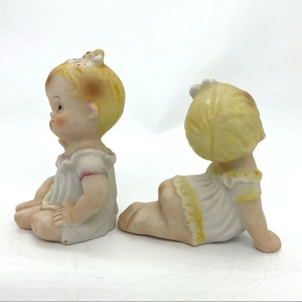 Vintage Porcelain Bisque Piano Baby Dolls Figurine Set Of 2